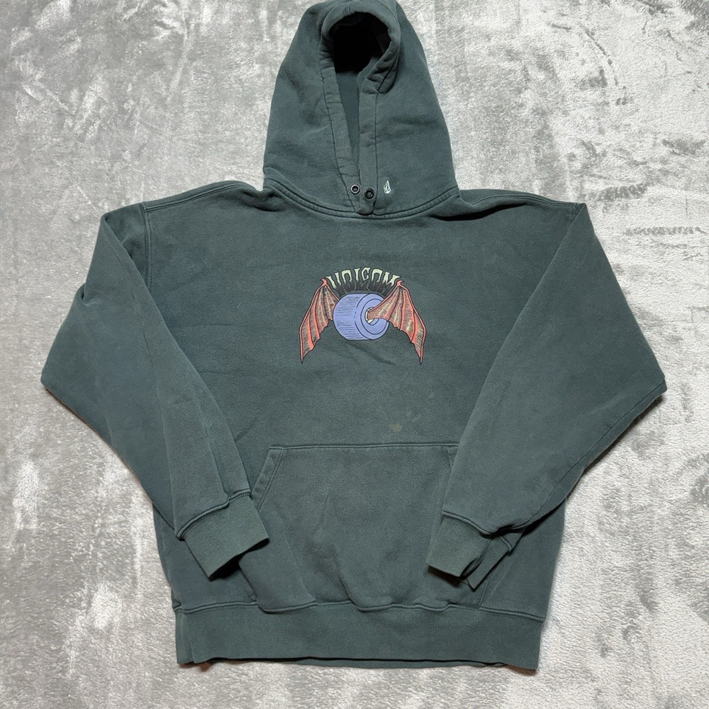 Volcom Stone Co Hoodie Mens Medium Bat Wing Graphic Skate Pullover Green Boxy